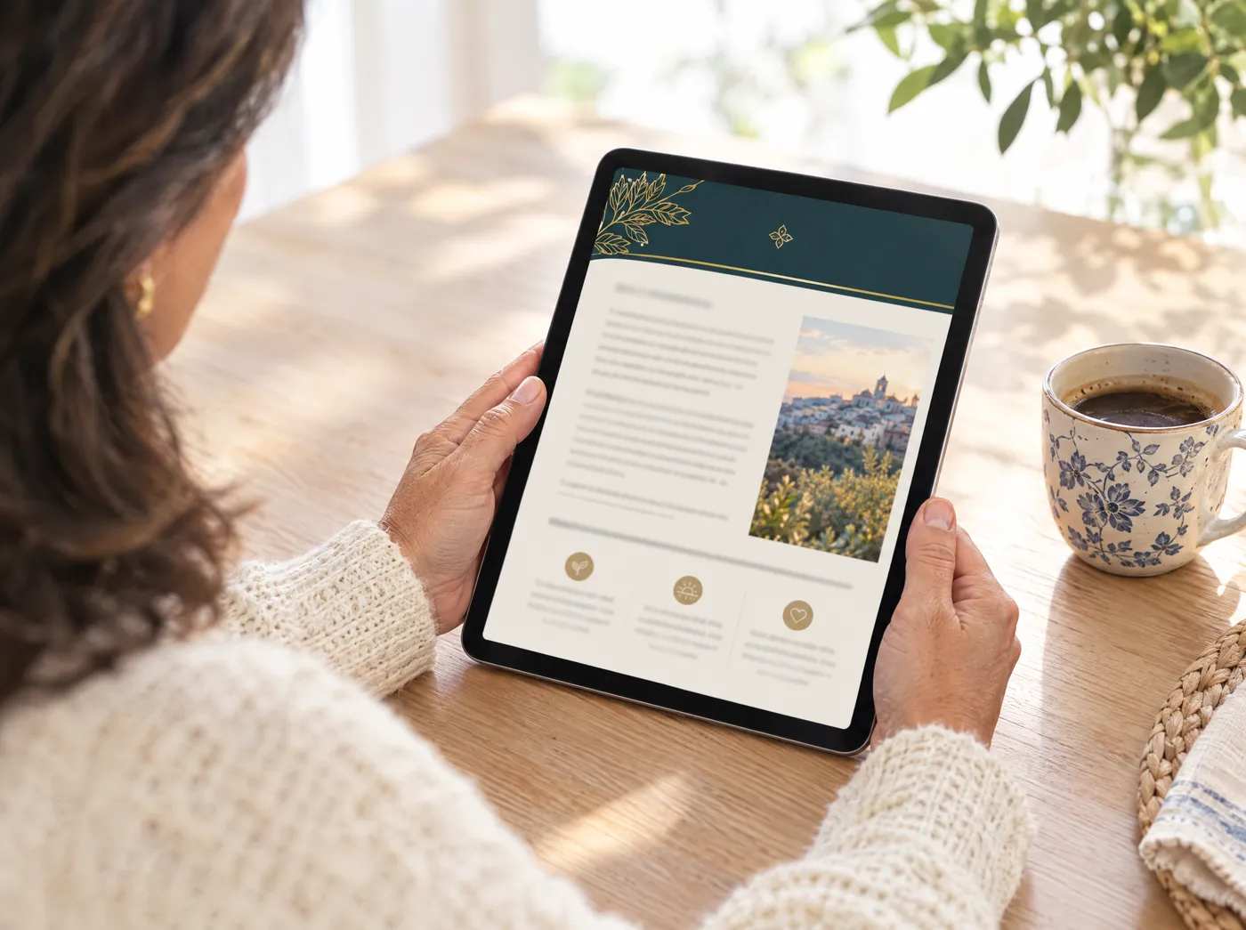 Una donna legge sul tablet al mattino, accanto una tazza di caffè