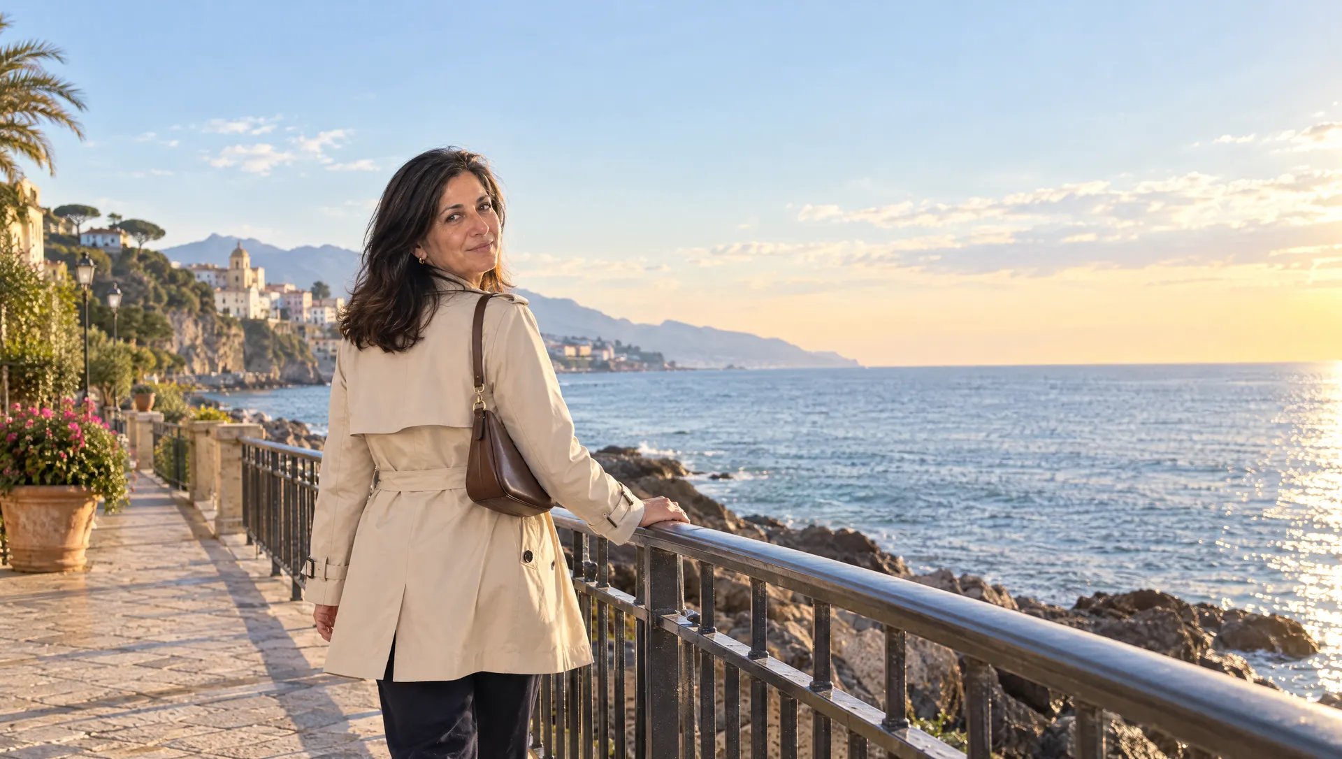 Una donna cammina leggera sul lungomare la mattina